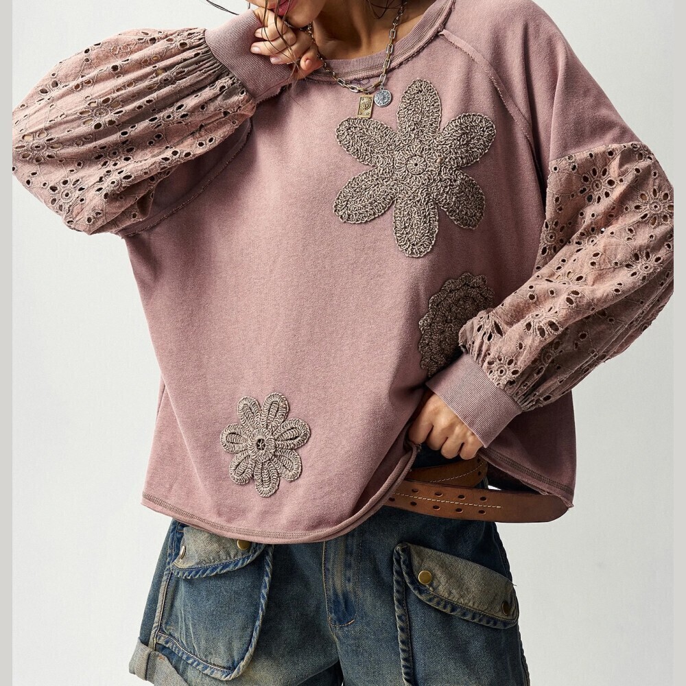 Mauve Crochet Floral Applique Eyelet Lace Sleeve Oversized Sweatshirt